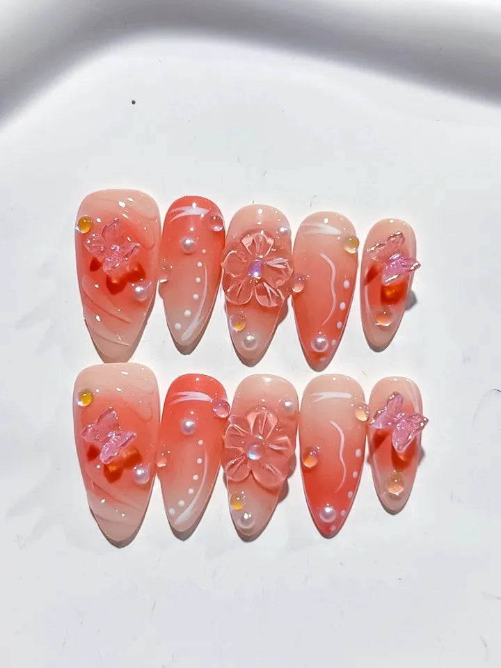 Nude White Ombre Butterfly Pearl press on nails detail view