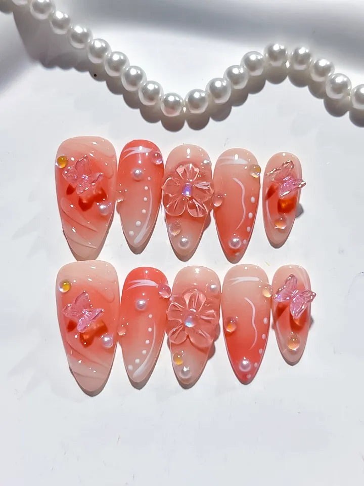 Nude White Ombre Butterfly Pearl press on nails detail view