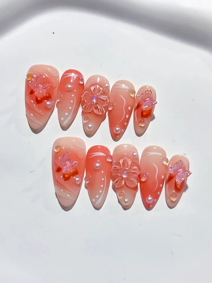 Nude White Ombre Butterfly Pearl press on nails detail view