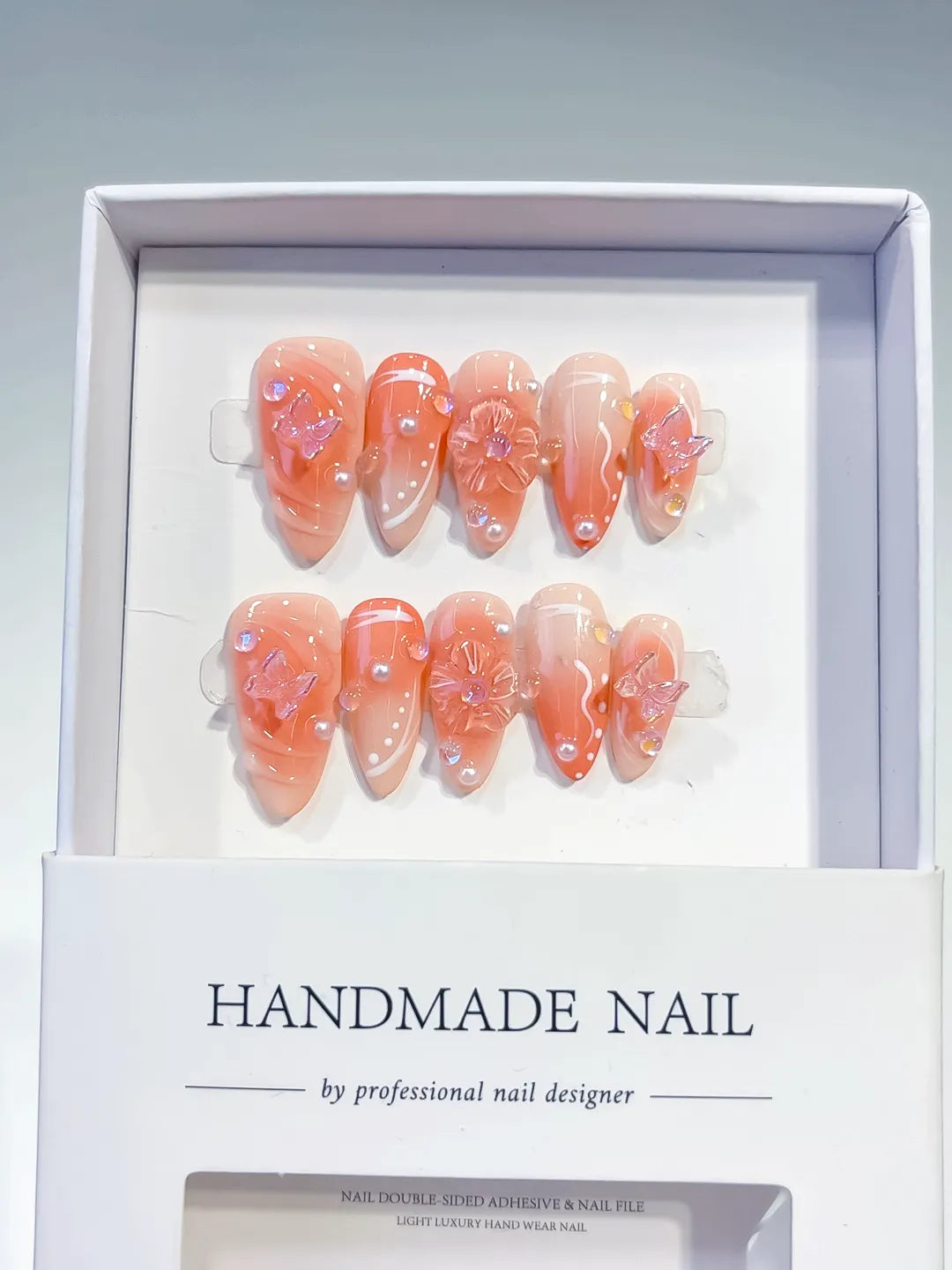 Nude White Ombre Butterfly Pearl press on nails full set view