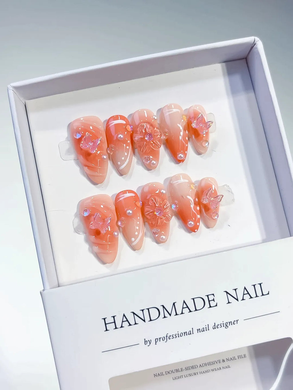 Nude White Ombre Butterfly Pearl press on nails angled view