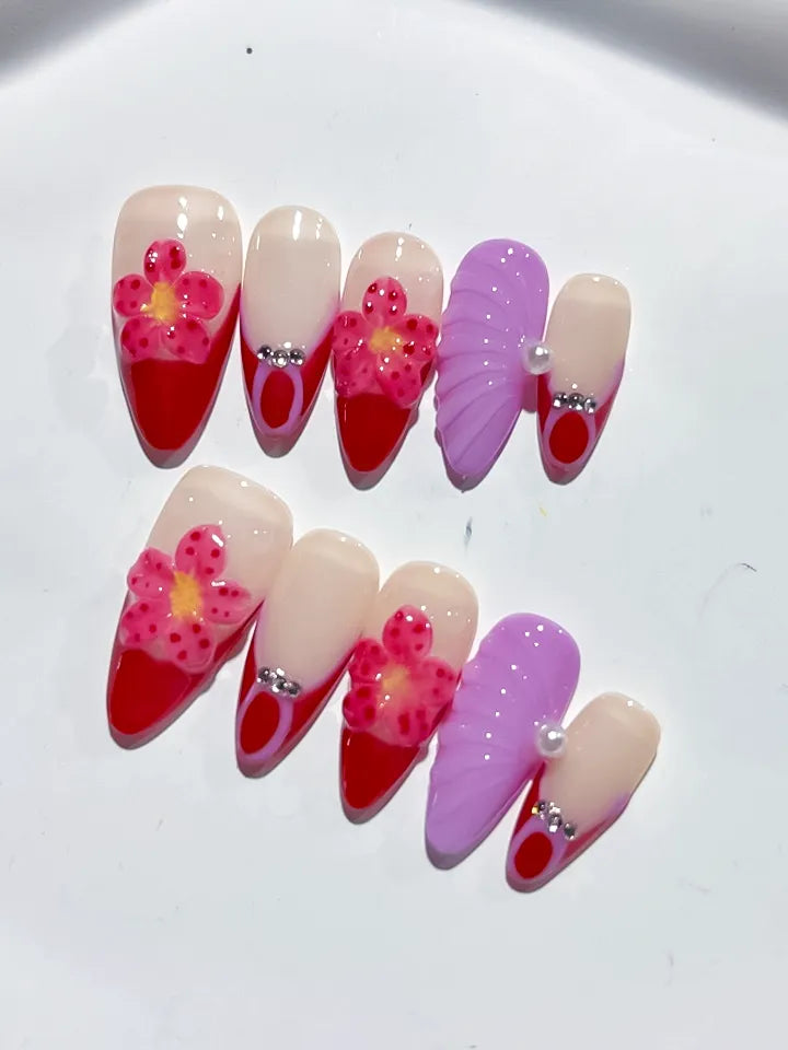 Nude Red Purple Pink French tip Flower Leaf Rhinestone press on nails detail view