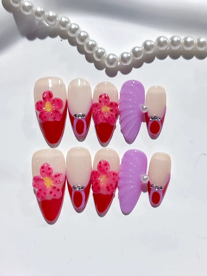 Nude Red Purple Pink French tip Flower Leaf Rhinestone press on nails detail view