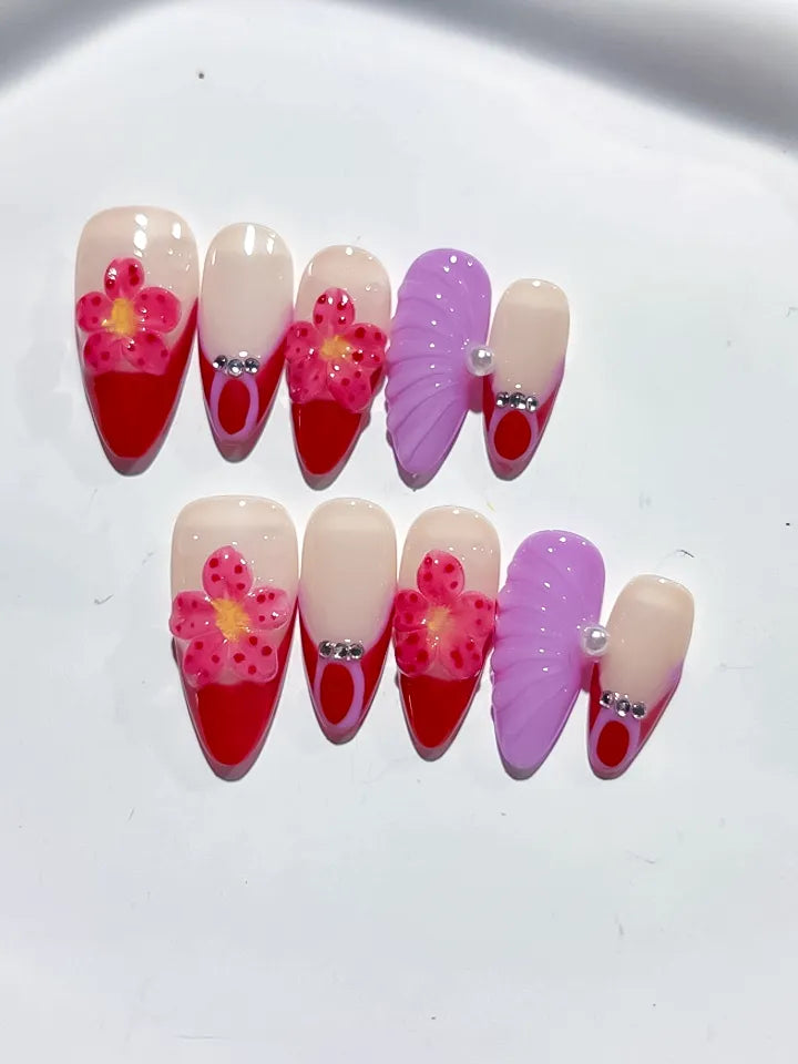 Nude Red Purple Pink French tip Flower Leaf Rhinestone press on nails detail view