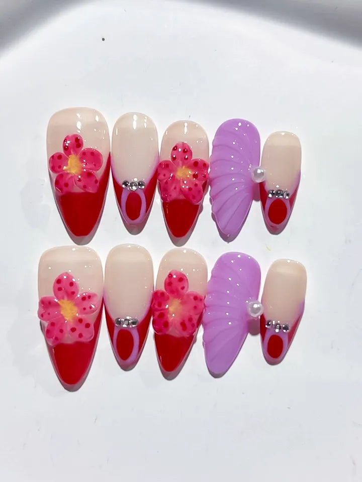 Nude Red Purple Pink French tip Flower Leaf Rhinestone press on nails close up