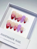 Nude Red Purple Pink French tip Flower Leaf Rhinestone press on nails