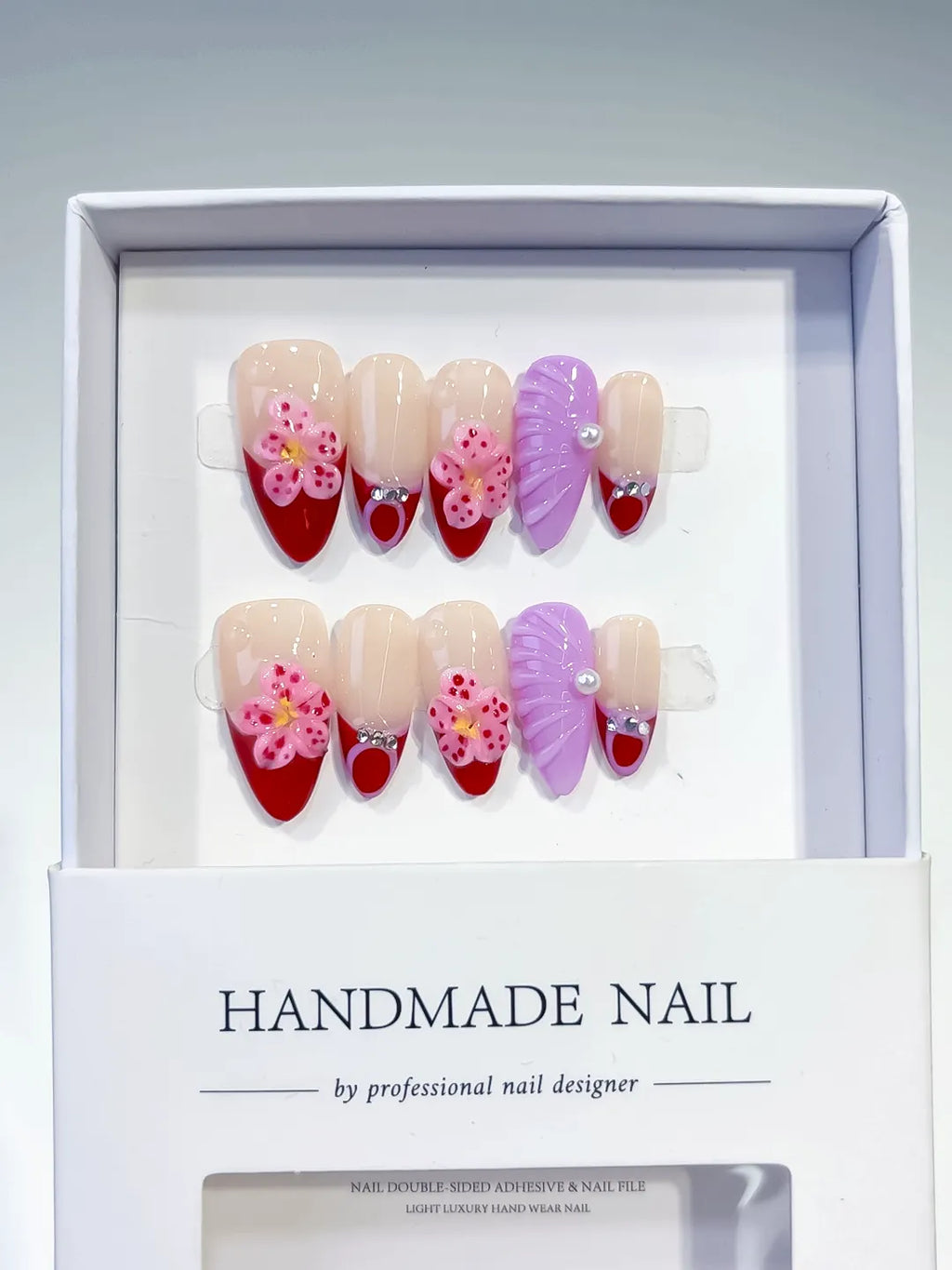 Nude Red Purple Pink French tip Flower Leaf Rhinestone press on nails full set view