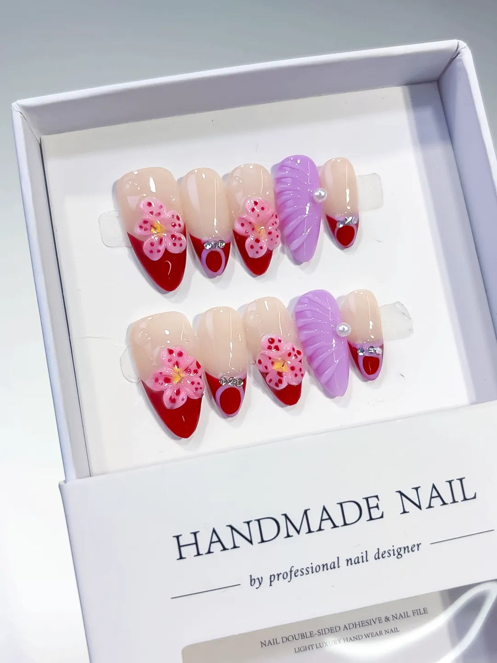 Nude Red Purple Pink French tip Flower Leaf Rhinestone press on nails angled view