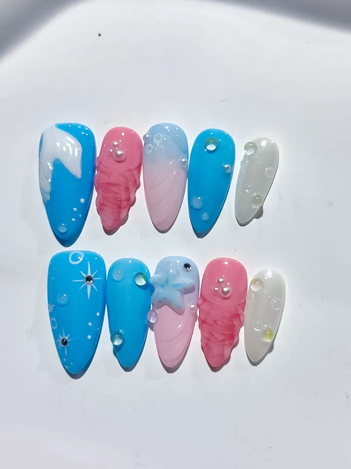 Blue Pink White Abstract Shell Star press on nails detail view