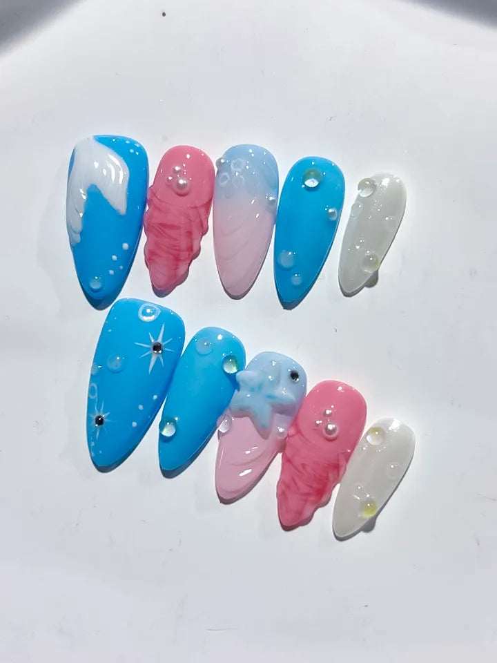Blue Pink White Abstract Shell Star press on nails close up