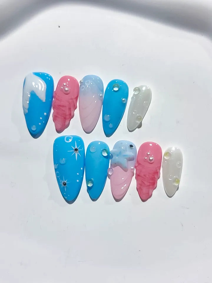 Blue Pink White Abstract Shell Star press on nails detail view
