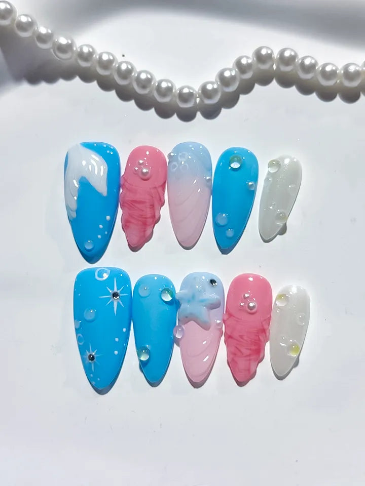 Blue Pink White Abstract Shell Star press on nails detail view
