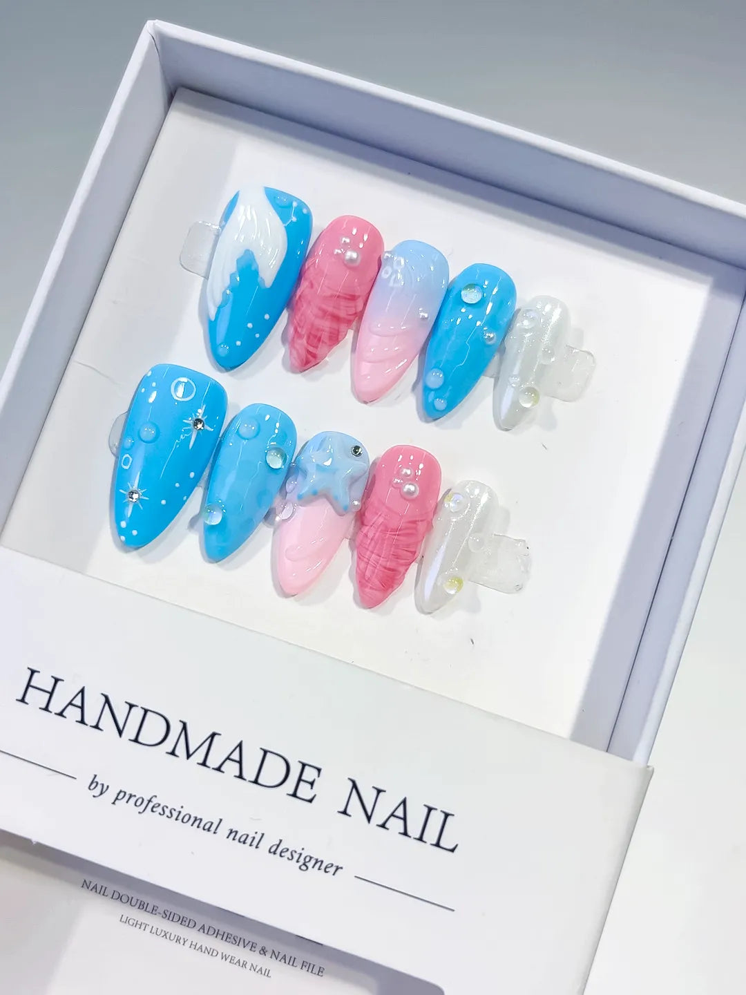 Blue Pink White Abstract Shell Star press on nails