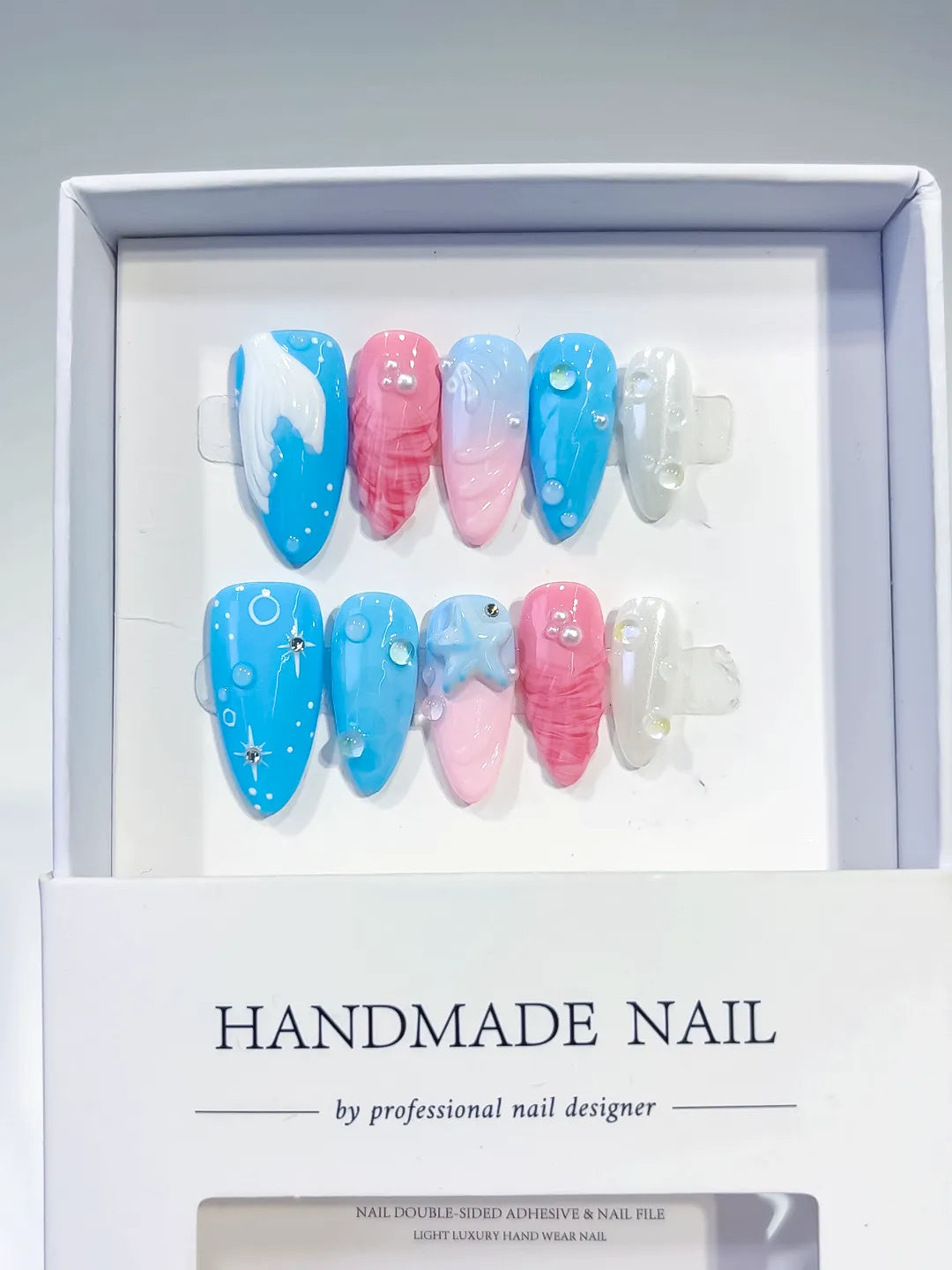 Blue Pink White Abstract Shell Star press on nails full set view