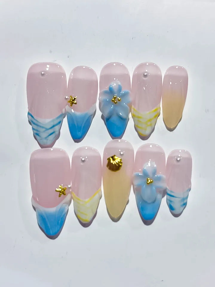 Nude Blue Yellow White French tip Flower Shell Star press on nails close up