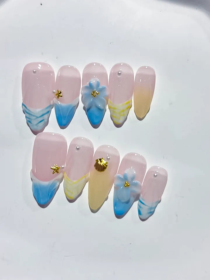 Nude Blue Yellow White French tip Flower Shell Star press on nails detail view
