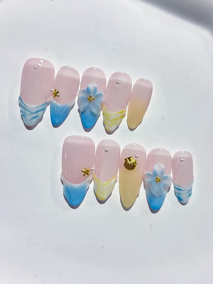 Nude Blue Yellow White French tip Flower Shell Star press on nails detail view