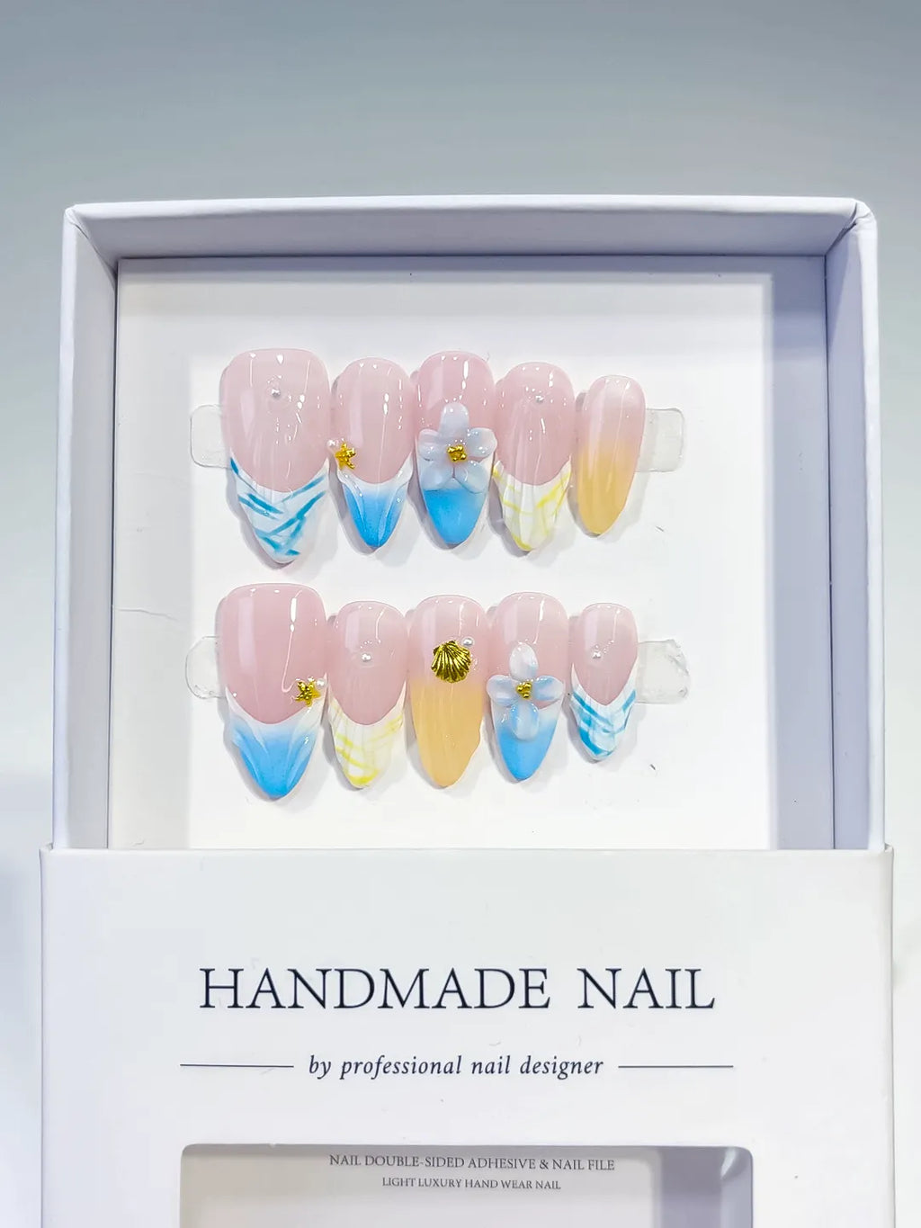 Nude Blue Yellow White French tip Flower Shell Star press on nails full set view
