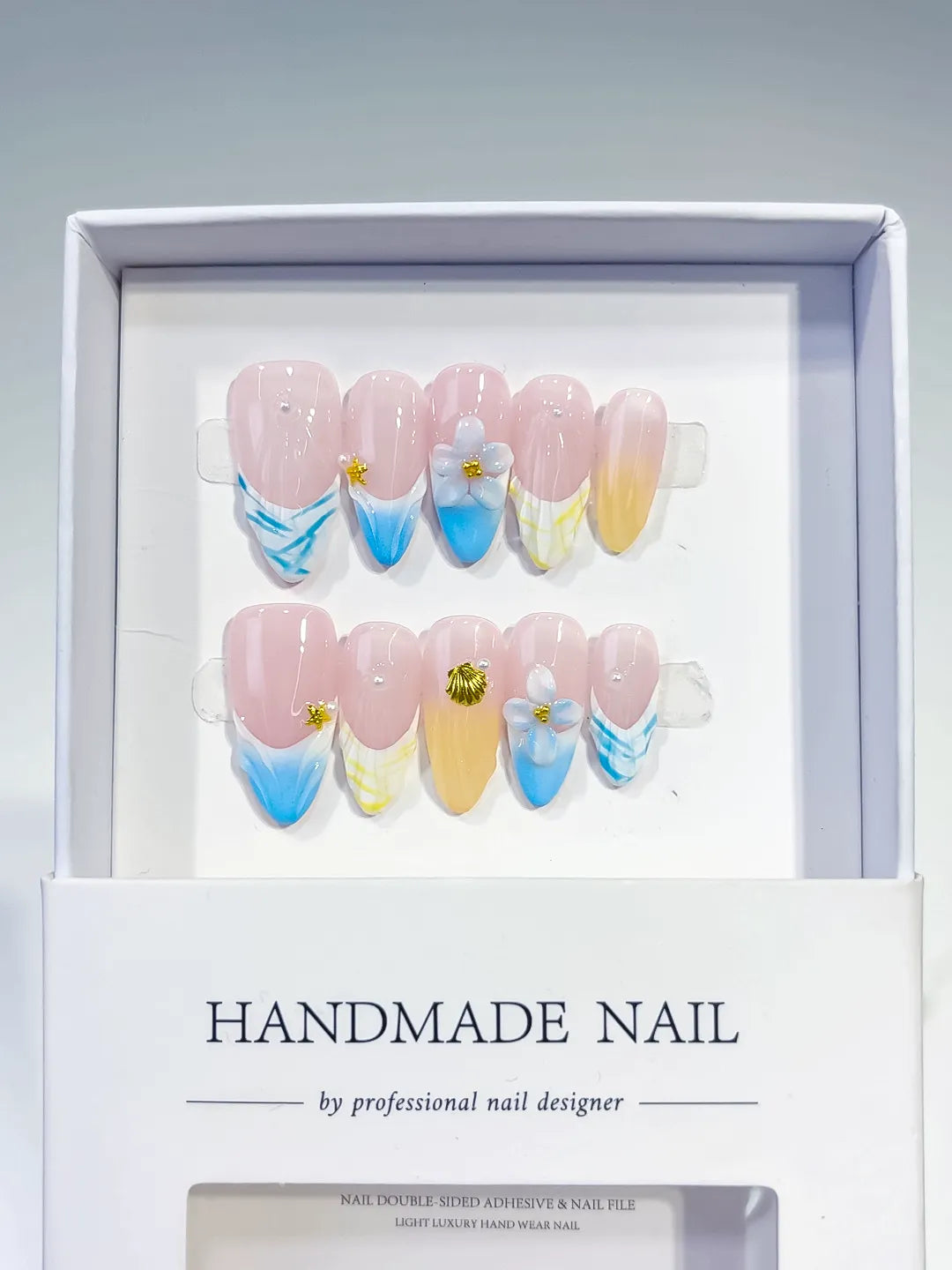 Nude Blue Yellow White French tip Flower Shell Star press on nails full set view