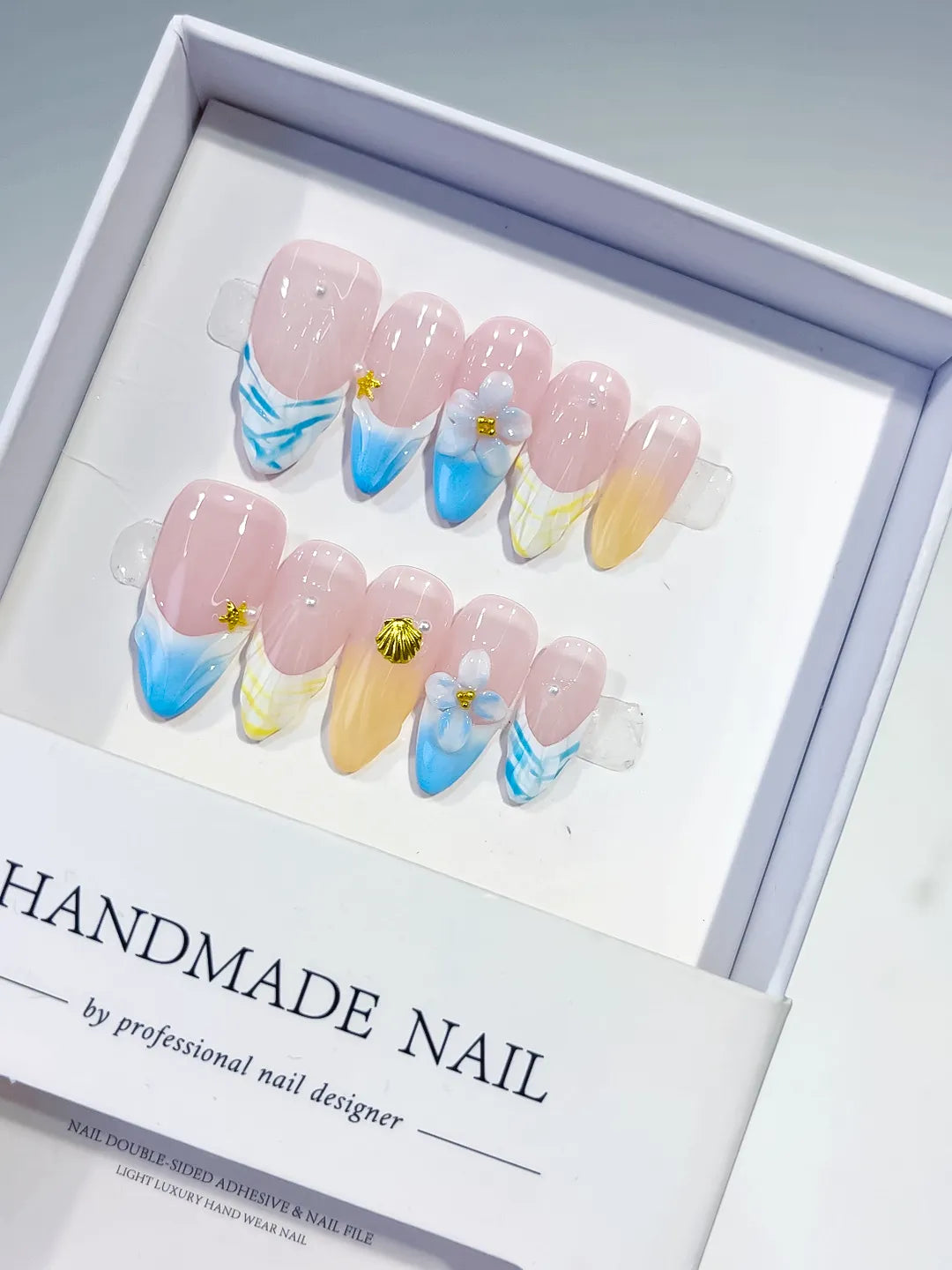 Nude Blue Yellow White French tip Flower Shell Star press on nails