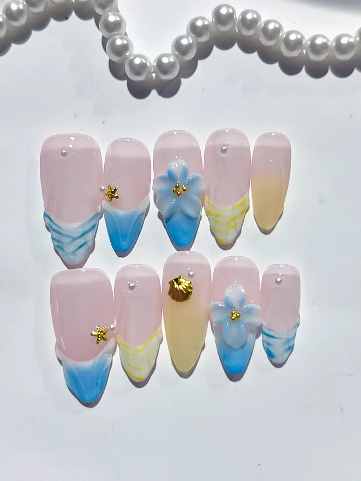 Nude Blue Yellow White French tip Flower Shell Star press on nails detail view