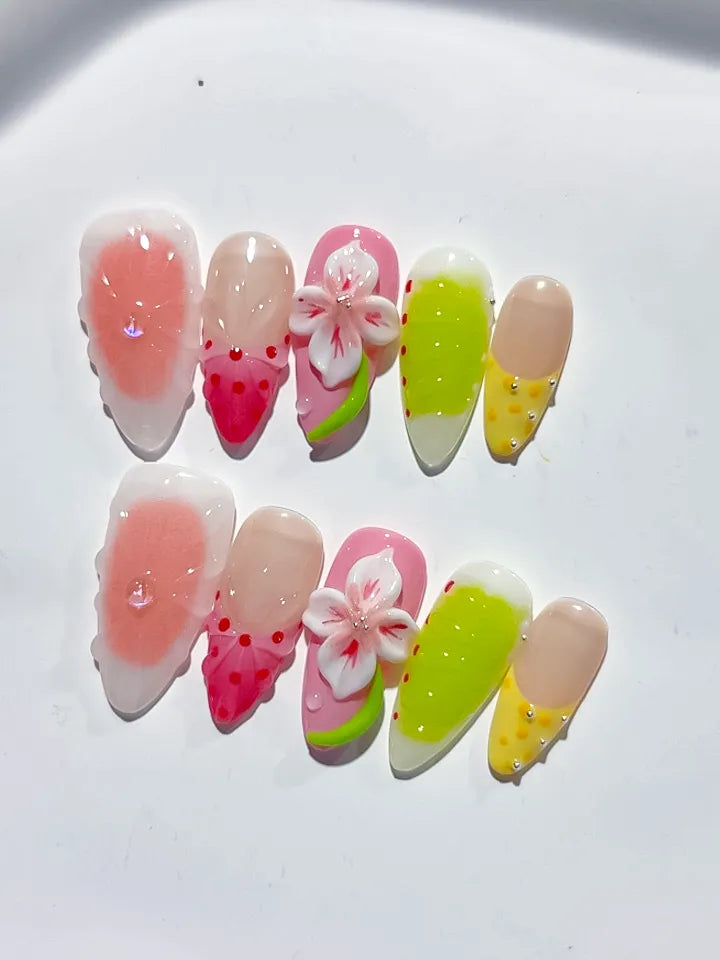 Pink Green Yellow White Red Abstract Flower Fruit press on nails detail view