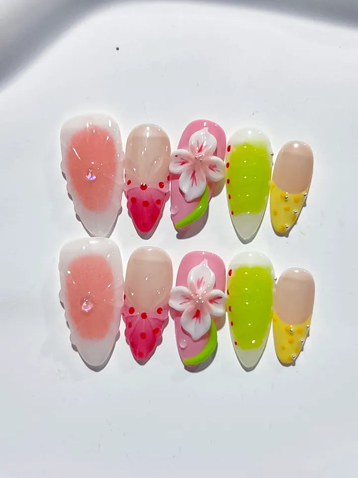 Pink Green Yellow White Red Abstract Flower Fruit press on nails detail view