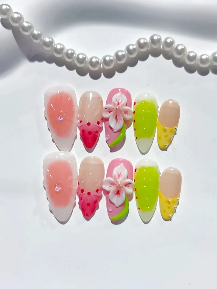 Pink Green Yellow White Red Abstract Flower Fruit press on nails detail view