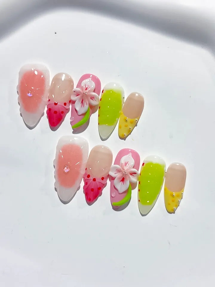 Pink Green Yellow White Red Abstract Flower Fruit press on nails close up