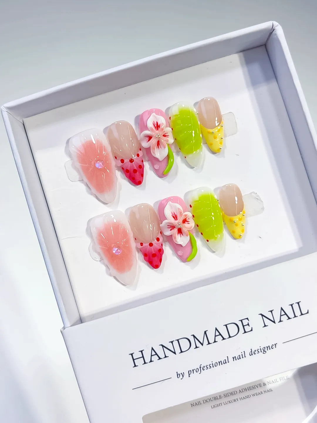 Pink Green Yellow White Red Abstract Flower Fruit press on nails angled view