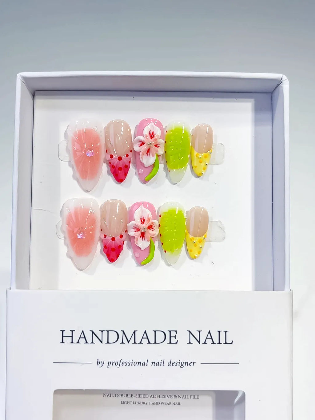 Pink Green Yellow White Red Abstract Flower Fruit press on nails full set view