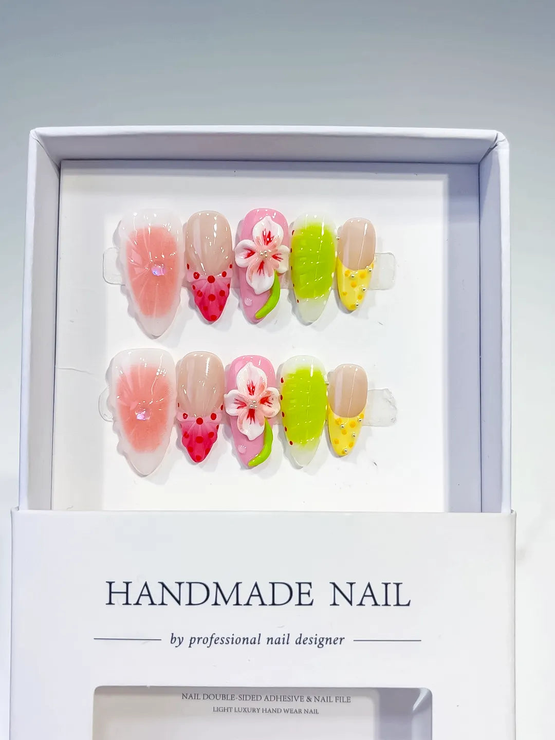 Pink Green Yellow White Red Abstract Flower Fruit press on nails full set view