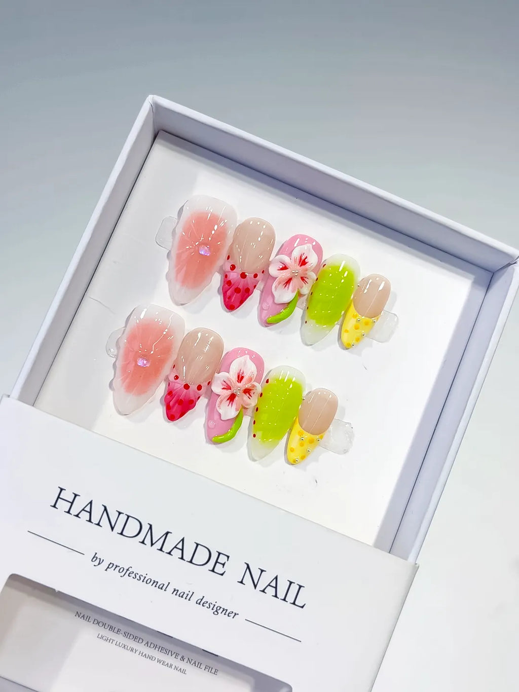 Pink Green Yellow White Red Abstract Flower Fruit press on nails