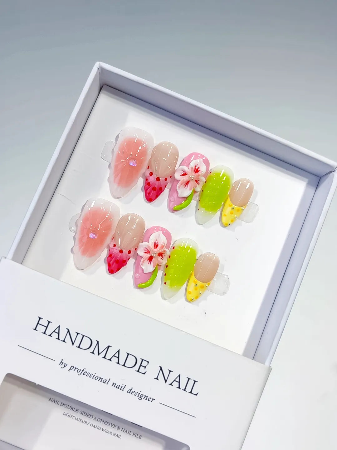 Pink Green Yellow White Red Abstract Flower Fruit press on nails