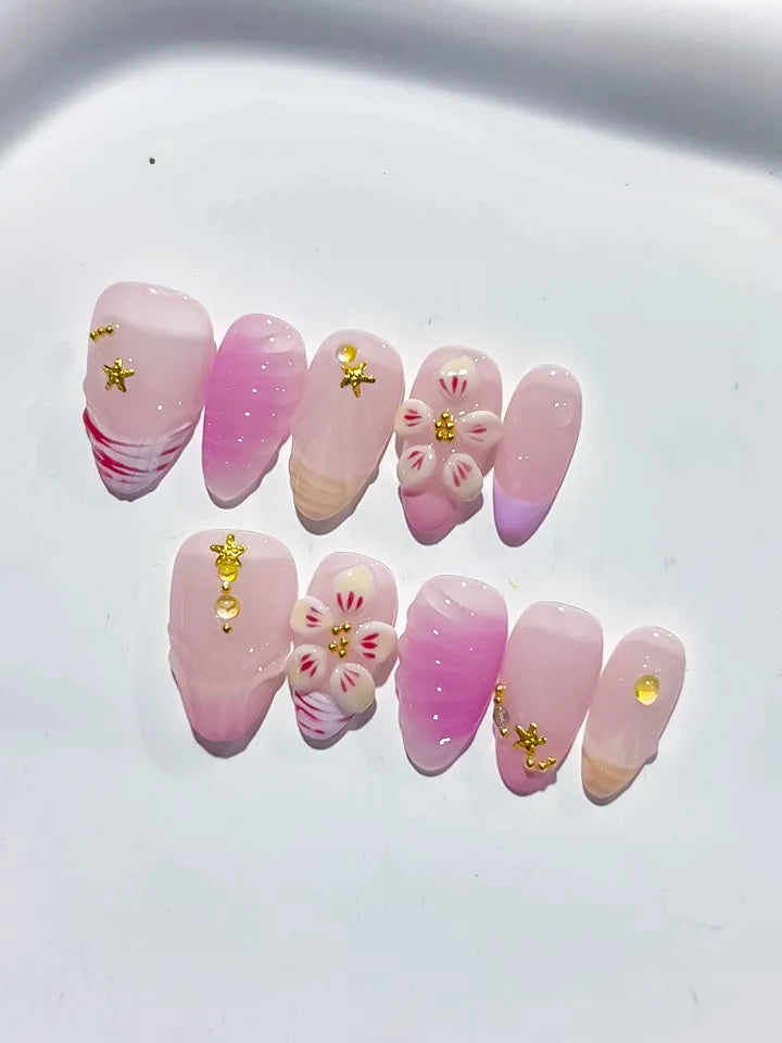 Pink White Gold Ombre Flower Star press on nails detail view