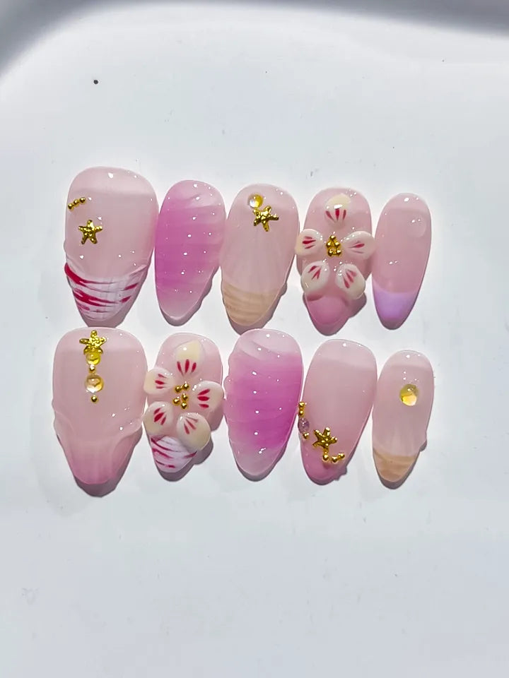 Pink White Gold Ombre Flower Star press on nails close up