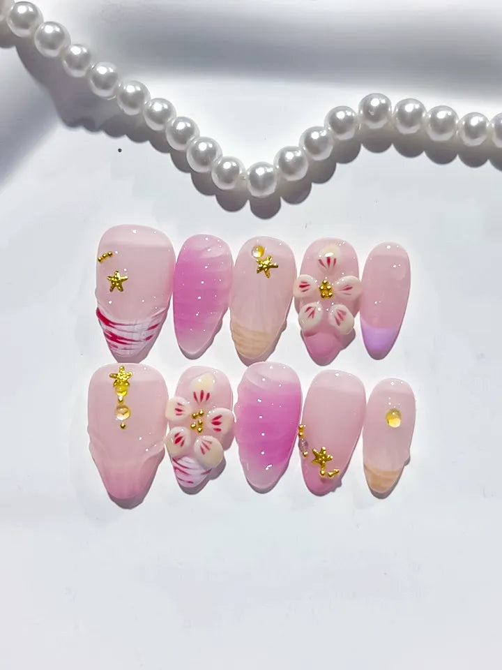 Pink White Gold Ombre Flower Star press on nails detail view