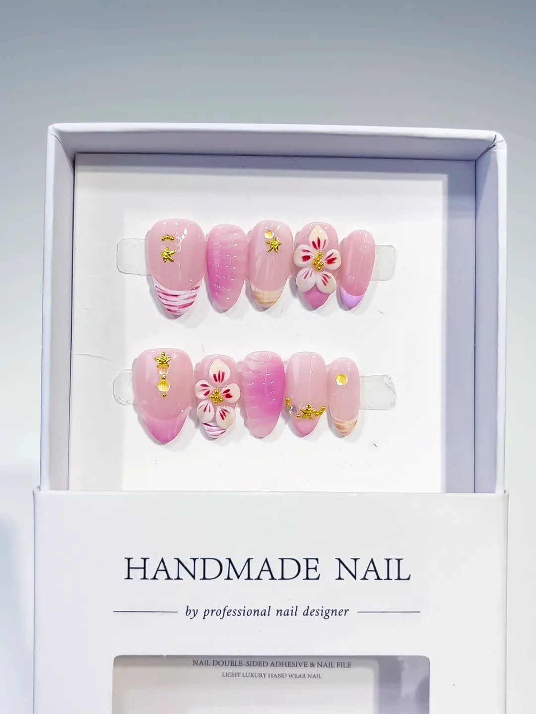 Pink White Gold Ombre Flower Star press on nails full set view