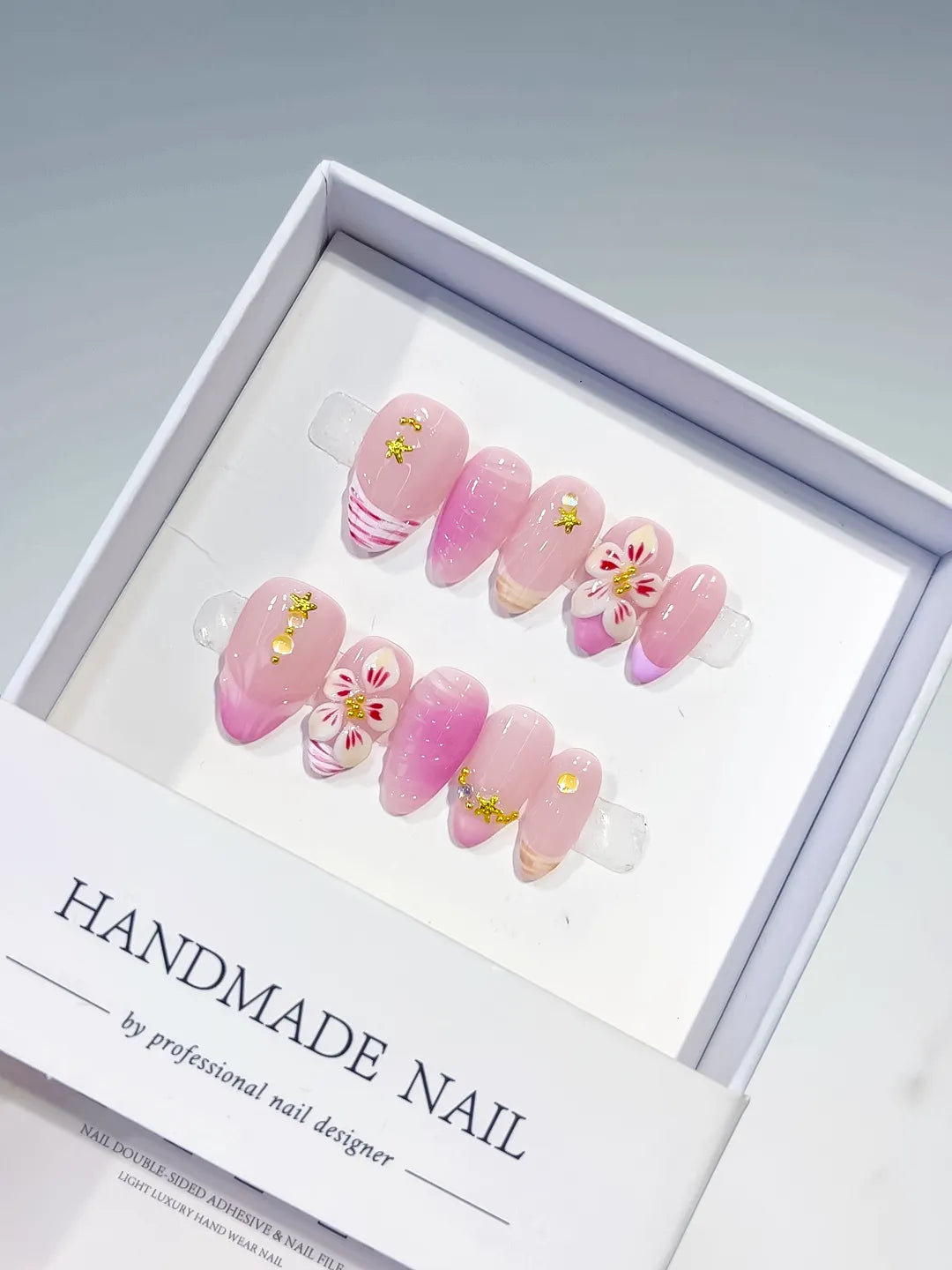 Pink White Gold Ombre Flower Star press on nails