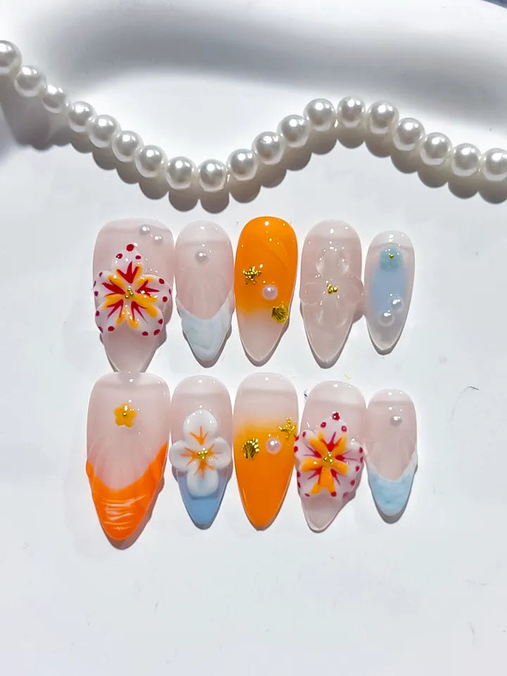 Nude Orange White Blue Abstract Flower Shell Rhinestone press on nails detail view