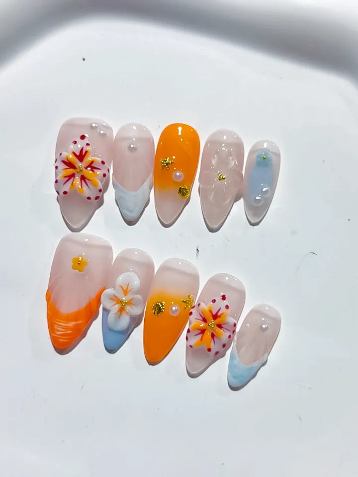 Nude Orange White Blue Abstract Flower Shell Rhinestone press on nails close up