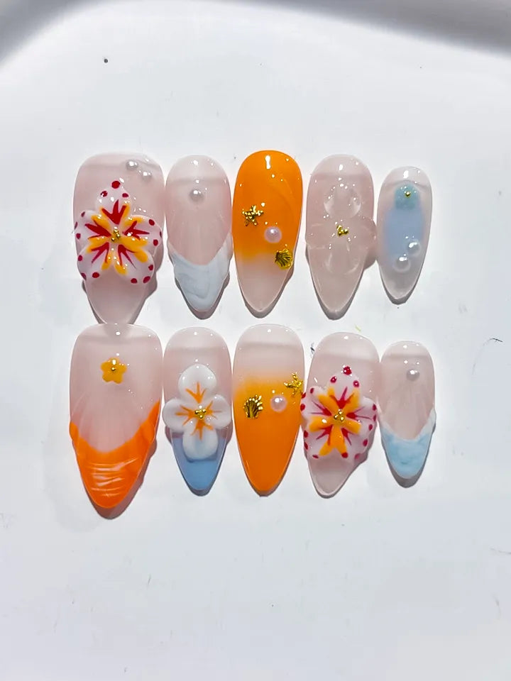 Nude Orange White Blue Abstract Flower Shell Rhinestone press on nails detail view
