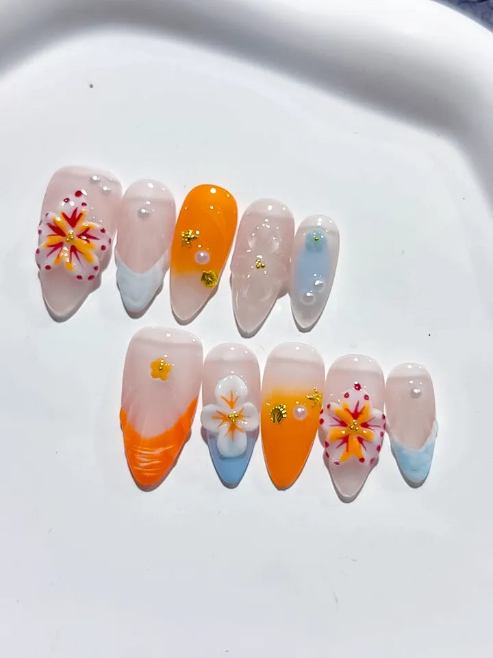 Nude Orange White Blue Abstract Flower Shell Rhinestone press on nails detail view