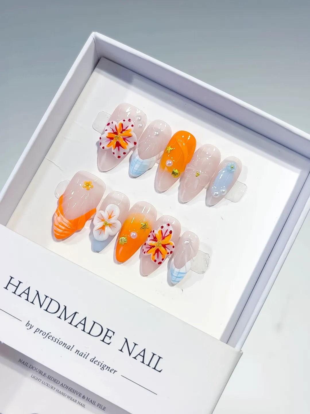 Nude Orange White Blue Abstract Flower Shell Rhinestone press on nails