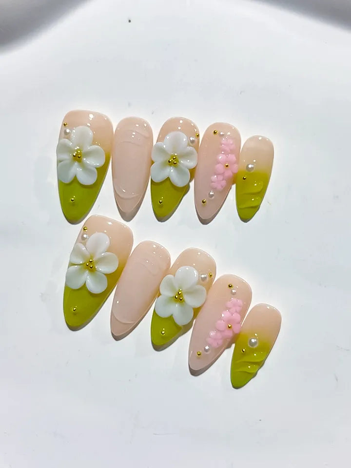 Nude Green White Pink French tip Flower Pearl press on nails close up