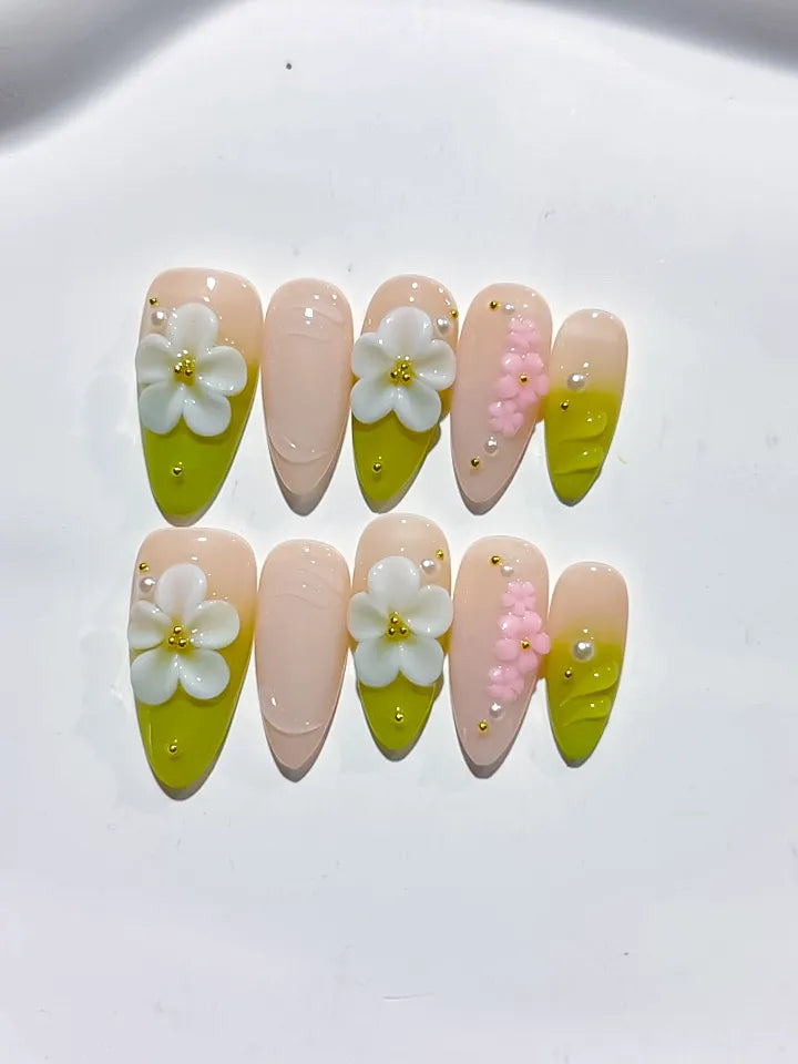 Nude Green White Pink French tip Flower Pearl press on nails detail view