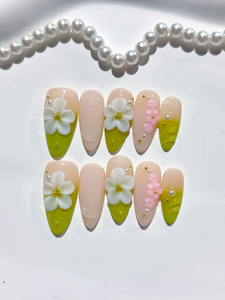 Nude Green White Pink French tip Flower Pearl press on nails detail view