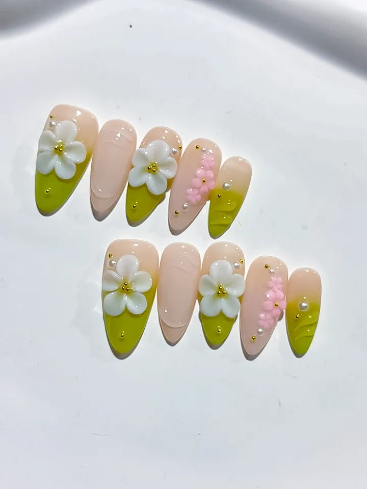 Nude Green White Pink French tip Flower Pearl press on nails detail view