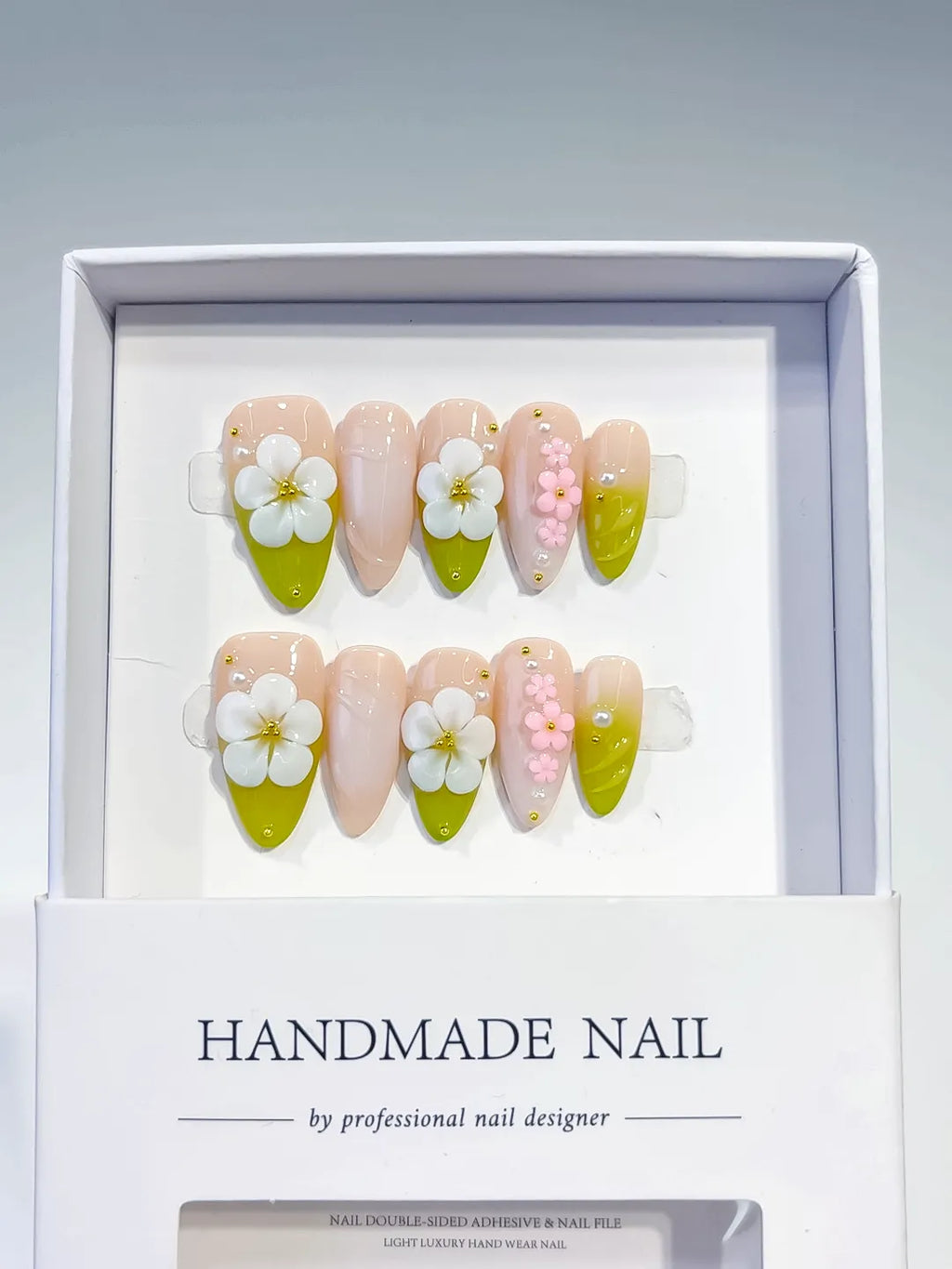 Nude Green White Pink French tip Flower Pearl press on nails full set view