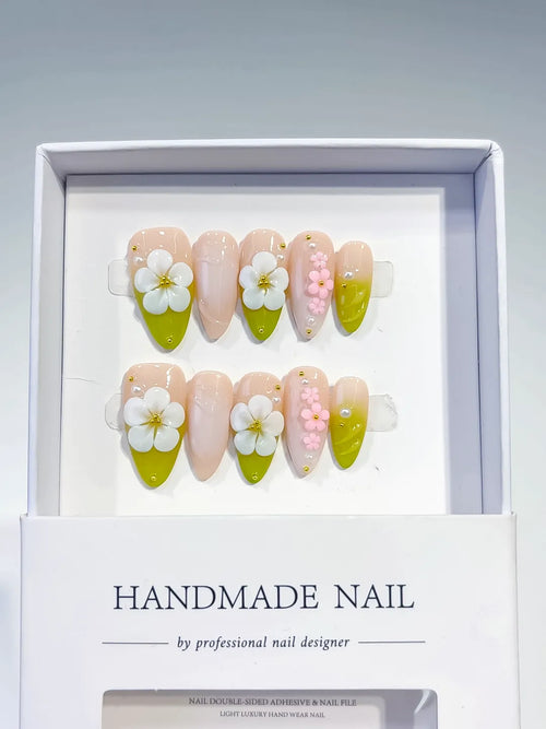 Nude Green White Pink French tip Flower Pearl press on nails full set view